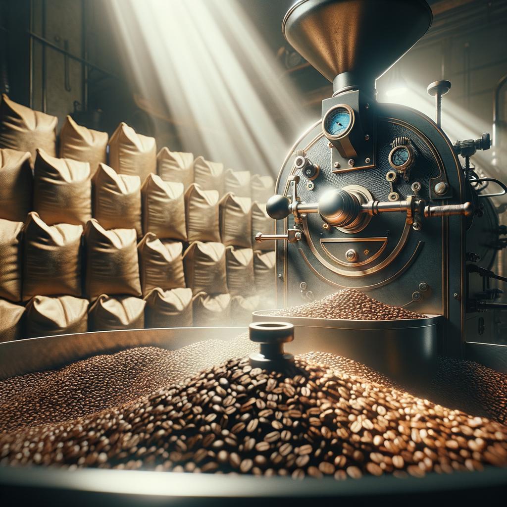 Coffee Roaster with coffee bags in background realistic photo of, award winning photograph, 50mm Cinematic Lighting
